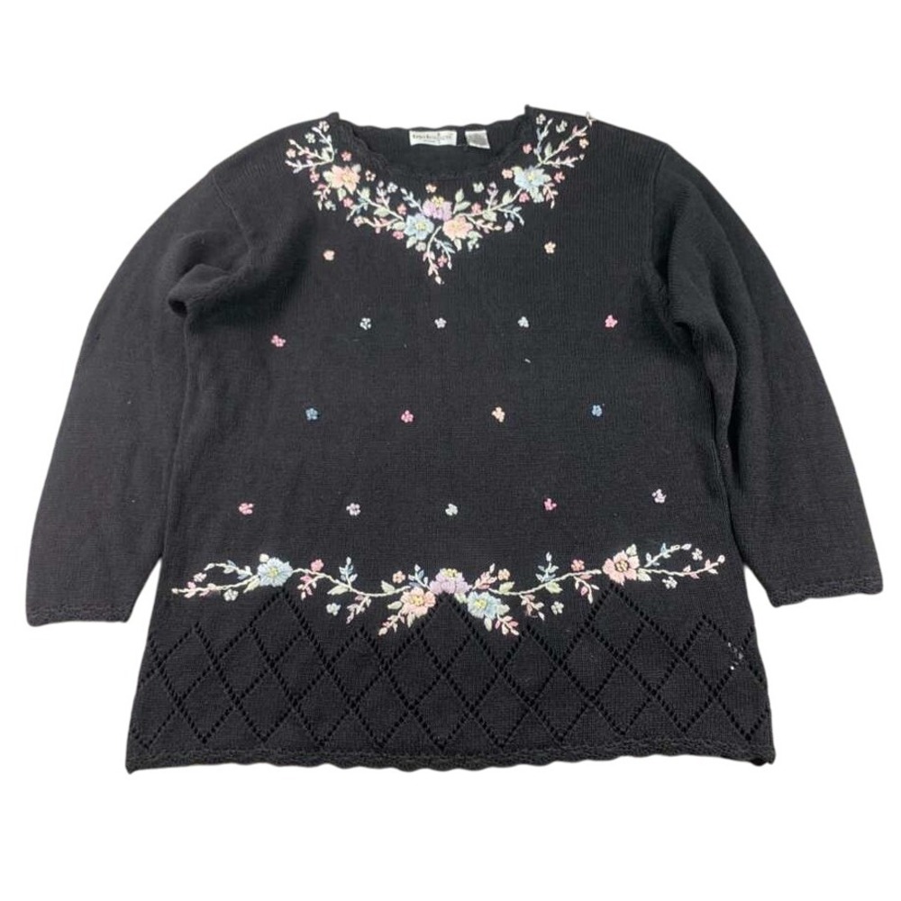 Vintage‎ bydesign Sweater Black Floral Embroidered Whimsigoth Crew Neck Woman 2X